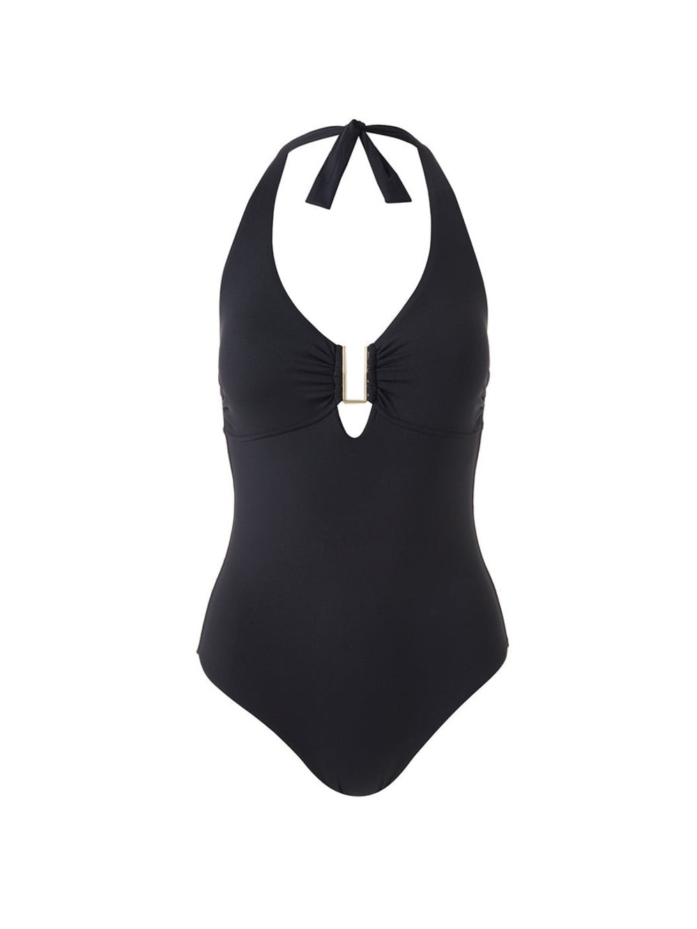 Melissa Odabash Black Halter One-Piece with Gold Bar Detail